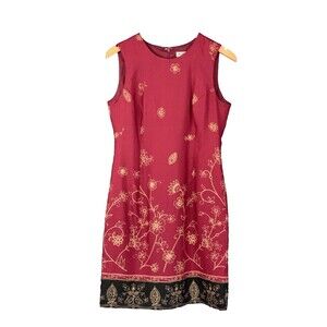 Vtg Nora Noh Silk Sleeveless Sheath Dress Sz 10P Dark Red Burgundy Floral Career